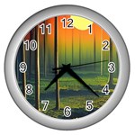 Outdoors Night Moon Full Moon Trees Setting Scene Forest Woods Light Moonlight Nature Wilderness Lan Wall Clock (Silver)