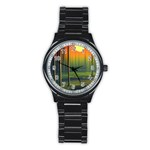 Outdoors Night Moon Full Moon Trees Setting Scene Forest Woods Light Moonlight Nature Wilderness Lan Stainless Steel Round Watch