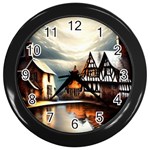 Village Reflections Snow Sky Dramatic Town House Cottages Pond Lake City Wall Clock (Black)