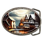 Village Reflections Snow Sky Dramatic Town House Cottages Pond Lake City Belt Buckles