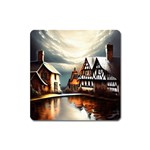 Village Reflections Snow Sky Dramatic Town House Cottages Pond Lake City Square Magnet