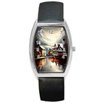 Village Reflections Snow Sky Dramatic Town House Cottages Pond Lake City Barrel Style Metal Watch