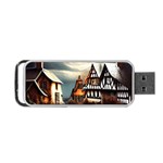 Village Reflections Snow Sky Dramatic Town House Cottages Pond Lake City Portable USB Flash (One Side)