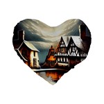 Village Reflections Snow Sky Dramatic Town House Cottages Pond Lake City Standard 16  Premium Heart Shape Cushions