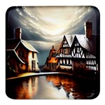 Village Reflections Snow Sky Dramatic Town House Cottages Pond Lake City Square Glass Fridge Magnet (4 pack)