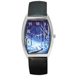 Landscape Outdoors Greeting Card Snow Forest Woods Nature Path Trail Santa s Village Barrel Style Metal Watch