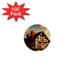 Village House Cottage Medieval Timber Tudor Split timber Frame Architecture Town Twilight Chimney 1  Mini Magnets (100 pack) 