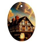 Village House Cottage Medieval Timber Tudor Split timber Frame Architecture Town Twilight Chimney Oval Ornament (Two Sides)