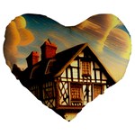 Village House Cottage Medieval Timber Tudor Split timber Frame Architecture Town Twilight Chimney Large 19  Premium Heart Shape Cushions