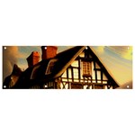 Village House Cottage Medieval Timber Tudor Split timber Frame Architecture Town Twilight Chimney Banner and Sign 9  x 3 