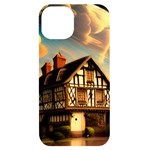 Village House Cottage Medieval Timber Tudor Split timber Frame Architecture Town Twilight Chimney iPhone 14 Black UV Print Case
