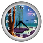 Artwork Outdoors Night Trees Setting Scene Forest Woods Light Moonlight Nature Wall Clock (Silver)