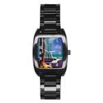 Artwork Outdoors Night Trees Setting Scene Forest Woods Light Moonlight Nature Stainless Steel Barrel Watch