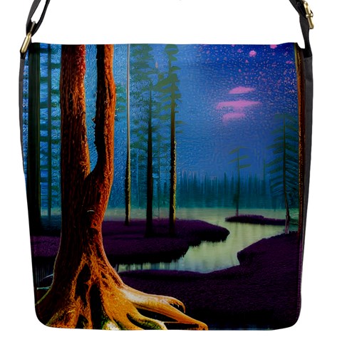 Artwork Outdoors Night Trees Setting Scene Forest Woods Light Moonlight Nature Flap Closure Messenger Bag (S) from UrbanLoad.com Front