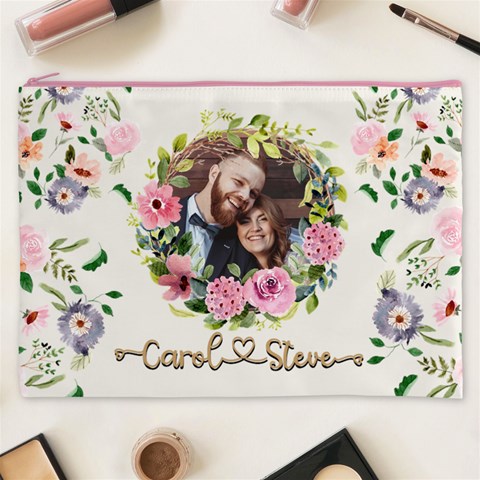 Personalized Floral wreath Love Photo Name Cosmetic Bag Cosmetic Bag (XXXL) from UrbanLoad.com Front