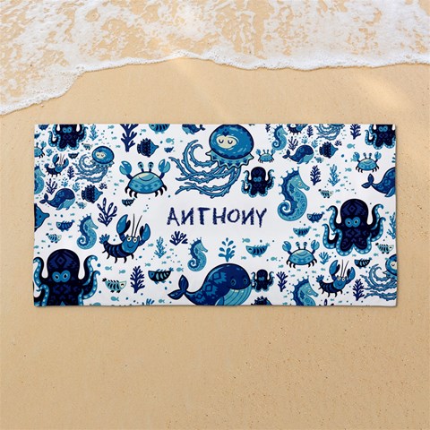 Custom Ocean Animals in Blue Color Any Text Name 54 X27  Super Absorbent Beach Towel	 from UrbanLoad.com Front