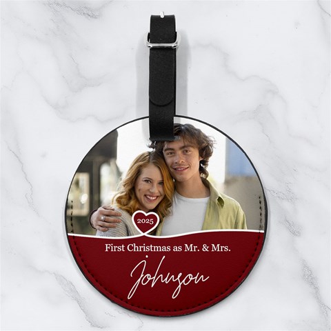 Custom Christmas Anniversary Photo Name Any Text Nappa Leather Luggage Tag Round from UrbanLoad.com Front