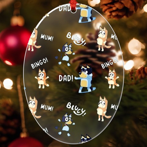 Bluey, Bluey merch, Bluey pattern, Bluey Bluey, bingo, Bluey design, bluey dog UV Print Acrylic Ornament Oval from UrbanLoad.com Front