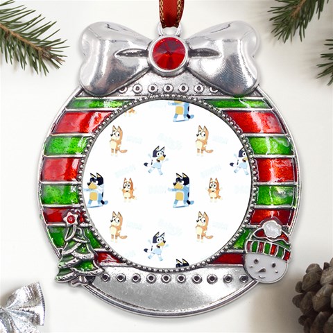 Bluey, Bluey merch, Bluey pattern, Bluey Bluey, bingo, Bluey design, bluey dog Metal X Mas Ribbon With Red Crystal Round Ornament from UrbanLoad.com Front