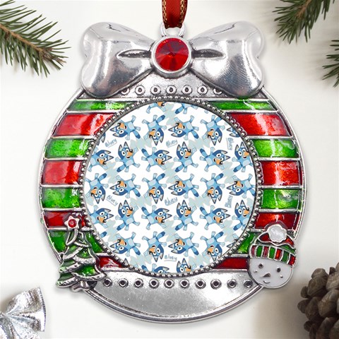 Bluey, Bluey merch, Bluey pattern, Bluey Bluey, bingo, Bluey design, bluey dog Metal X Mas Ribbon With Red Crystal Round Ornament from UrbanLoad.com Front