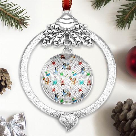 Bluey, Bluey merch, Bluey pattern, Bluey Bluey, bingo, Bluey design, bluey dog Metal Silver X mas Leaves Round Ornament from UrbanLoad.com Front