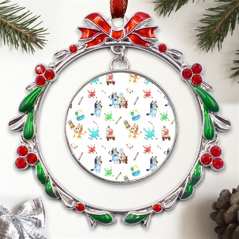 Bluey, Bluey merch, Bluey pattern, Bluey Bluey, bingo, Bluey design, bluey dog Metal X mas Wreath Ribbon Ornament from UrbanLoad.com Front