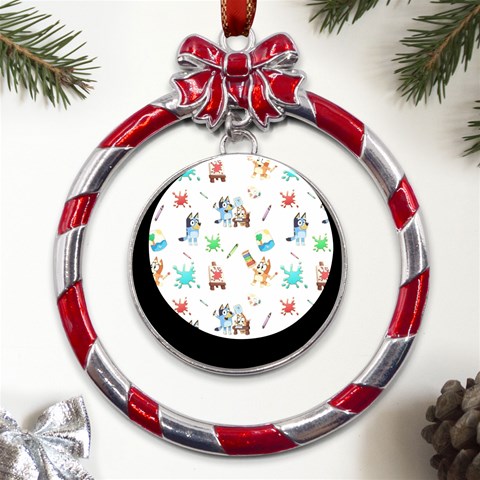 Bluey, Bluey merch, Bluey pattern, Bluey Bluey, bingo, Bluey design, bluey dog Metal Red Ribbon Round Ornament from UrbanLoad.com Front