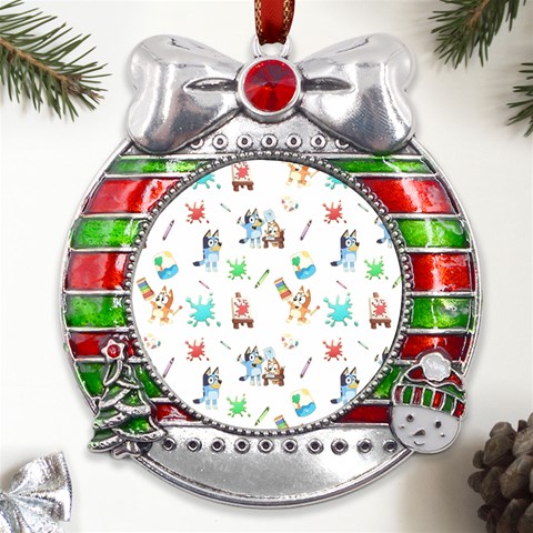 Bluey, Bluey merch, Bluey pattern, Bluey Bluey, bingo, Bluey design, bluey dog Metal X Mas Ribbon With Red Crystal Round Ornament from UrbanLoad.com Front