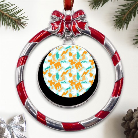 Design Pattern Seamless Tropical Metal Red Ribbon Round Ornament from UrbanLoad.com Front