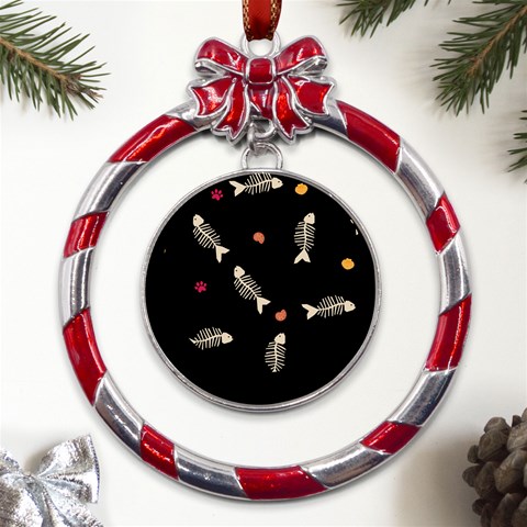 Pattern Design Seamless Fishbone Metal Red Ribbon Round Ornament from UrbanLoad.com Front