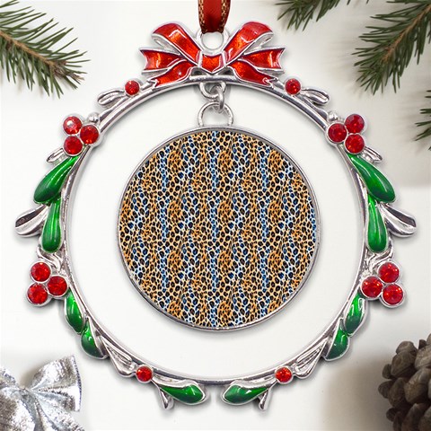 Blue Brown Leopard Metal X mas Wreath Ribbon Ornament from UrbanLoad.com Front