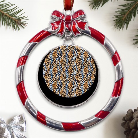 Blue Brown Leopard Metal Red Ribbon Round Ornament from UrbanLoad.com Front