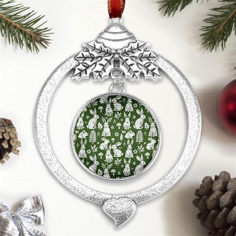 Easter bunny pattern Metal Silver X mas Leaves Round Ornament from UrbanLoad.com Front