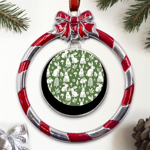 Easter bunny pattern Metal Red Ribbon Round Ornament from UrbanLoad.com Front