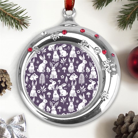 Easter bunny pattern Metal Snowflake Red Crystal Round Ornament from UrbanLoad.com Front