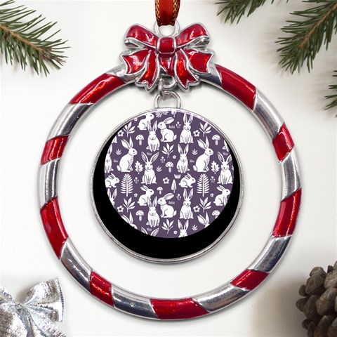 Easter bunny pattern Metal Red Ribbon Round Ornament from UrbanLoad.com Front
