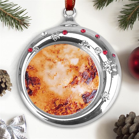 Burnt paper texture print design Metal Snowflake Red Crystal Round Ornament from UrbanLoad.com Front