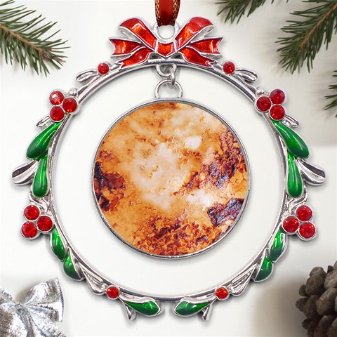 Burnt paper texture print design Metal X mas Wreath Ribbon Ornament from UrbanLoad.com Front