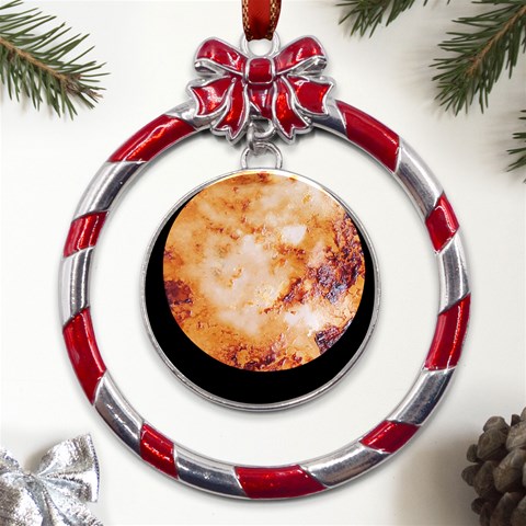 Burnt paper texture print design Metal Red Ribbon Round Ornament from UrbanLoad.com Front