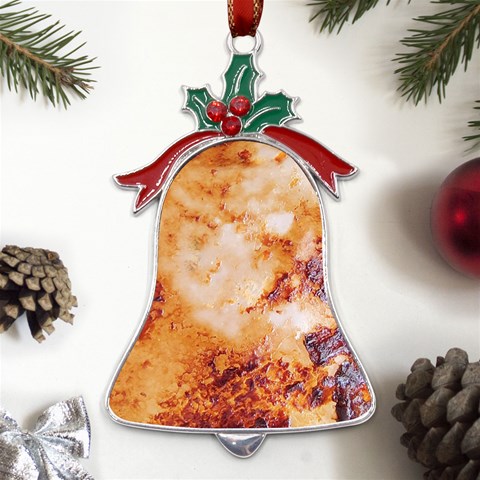 Burnt paper texture print design Metal Holly Leaf Bell Ornament from UrbanLoad.com Front