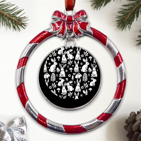 Easter bunny pattern Metal Red Ribbon Round Ornament from UrbanLoad.com Front