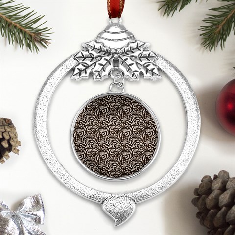 Brown Beige Snake Pattern Metal Silver X mas Leaves Round Ornament from UrbanLoad.com Front