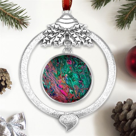 Green Pour Metal Silver X mas Leaves Round Ornament from UrbanLoad.com Front