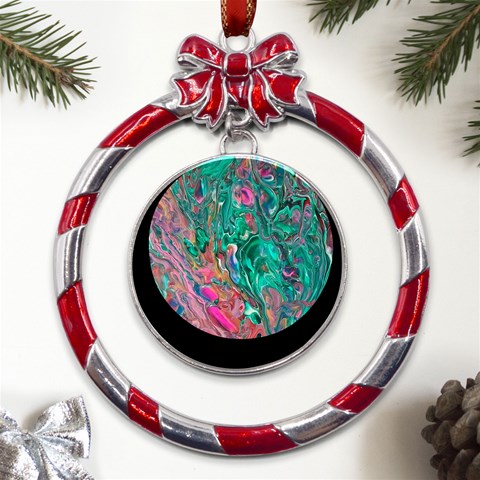 Green Pour Metal Red Ribbon Round Ornament from UrbanLoad.com Front