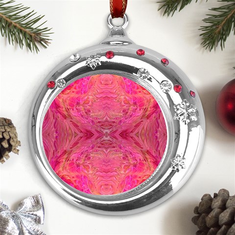 Pink Pour  Metal Snowflake Red Crystal Round Ornament from UrbanLoad.com Front