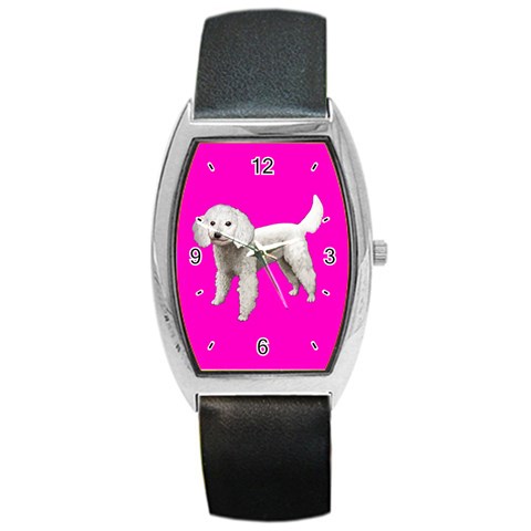 White Poodle Dog Gifts BP Barrel Style Metal Watch from UrbanLoad.com Front