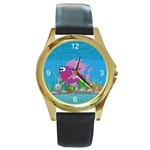 Purple Coolee Fish Round Gold Metal Watch