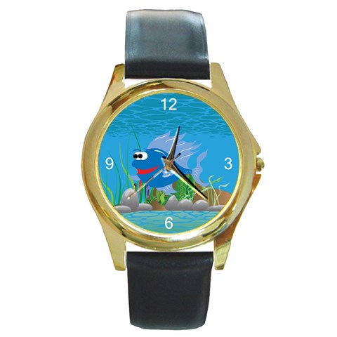 Blue Coolee Fish Round Gold Metal Watch from UrbanLoad.com Front