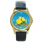 Yellow Grumpy Fish Round Gold Metal Watch