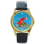 Red Hammie Fish Round Gold Metal Watch